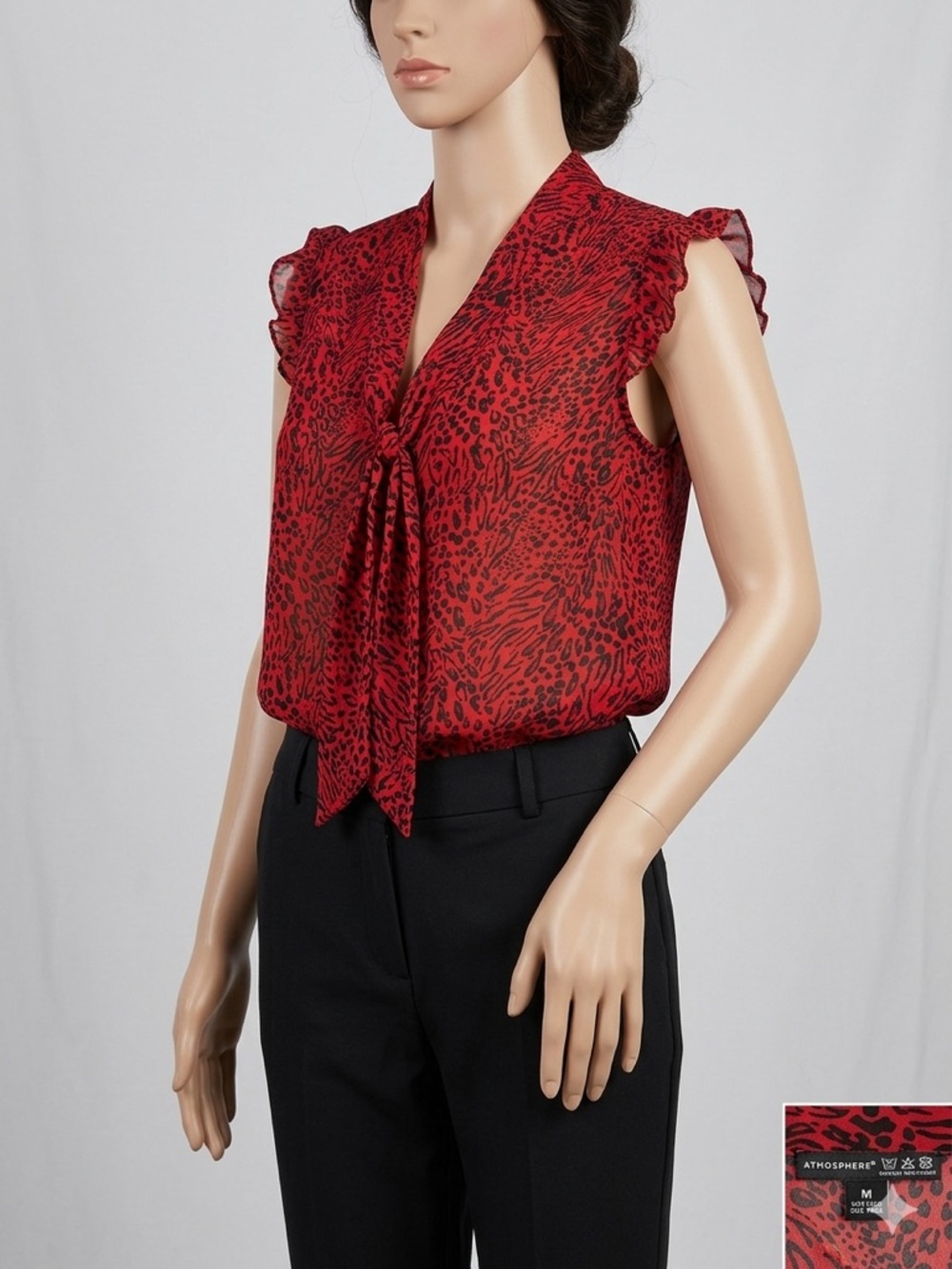 Atmosphere Red Black Printed Tie-Neck Ruffle Cap Sleeve Top